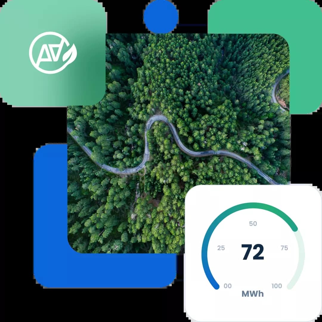 Overview shot of forest with curvy mountain road running through it with Allinfra Climate logo and a meter graphic