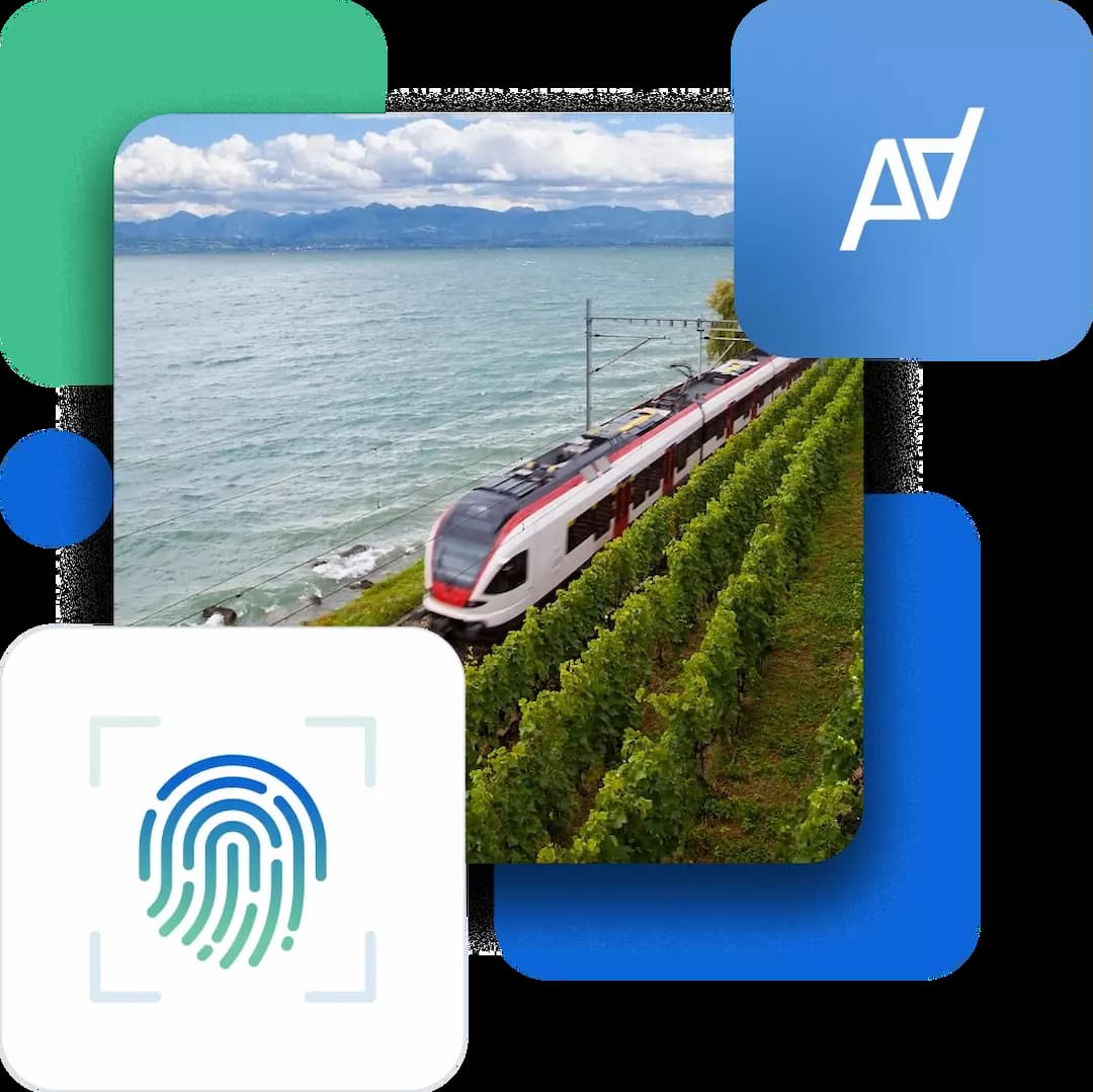 Speed train in Lake Geneva, Switzerland with Allinfra logo and fingerprint graphic